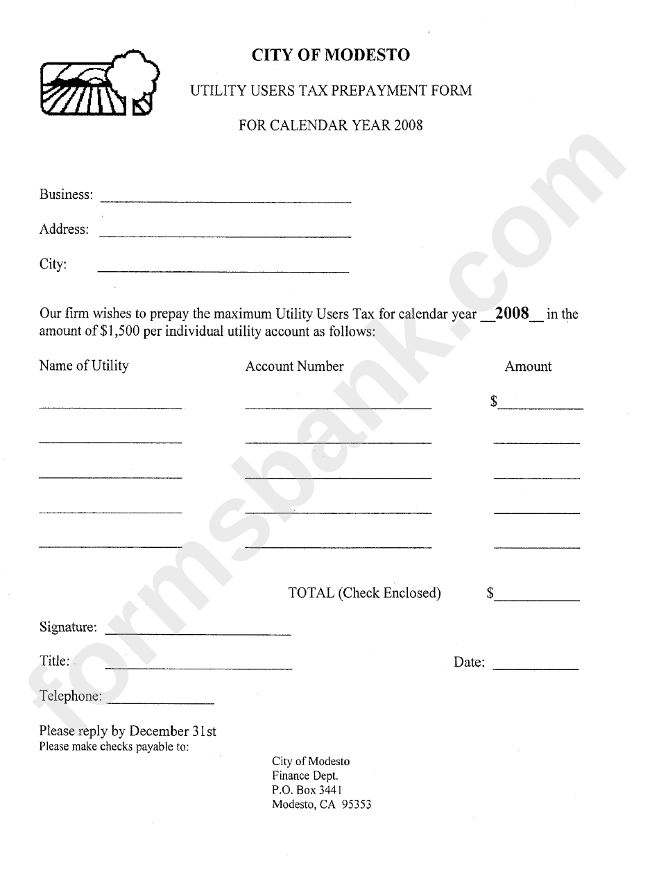 Utility Users Tax Prepayment Form - City Of Modesto - 2008