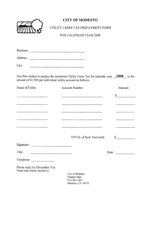 Utility Users Tax Prepayment Form - City Of Modesto - 2008 Printable pdf