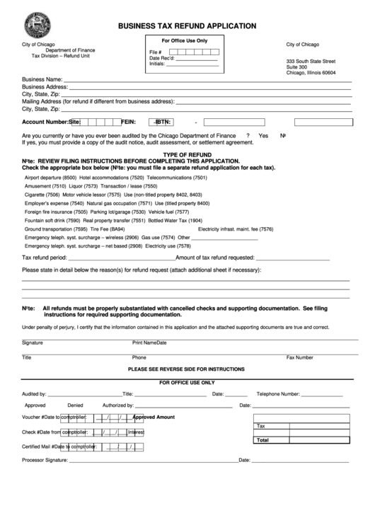 Business Tax Refund Application Form - Department Of Finance Printable pdf