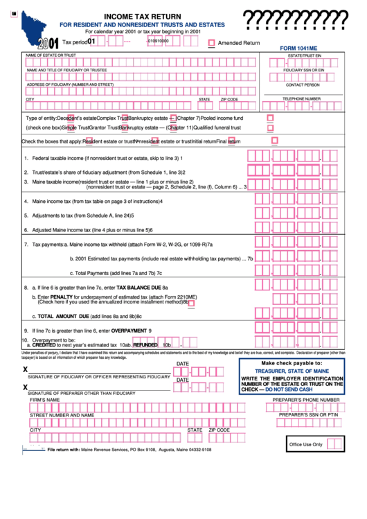 Form 1041me - Income Tax Return For Resident And Nonresident Trusts And Estates - 2001 Printable pdf