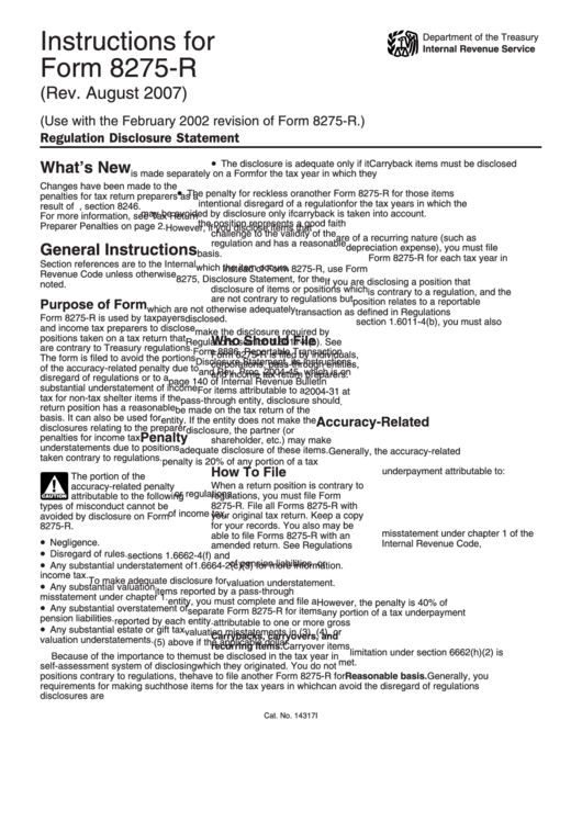 Instructions For Form 8275-R - Regulation Disclosure Statement - 2007 Printable pdf