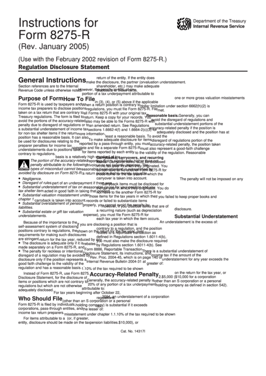 Instructions For Form 8275-R - Regulation Disclosure Statement - Department Of The Treasury - 2005 Printable pdf