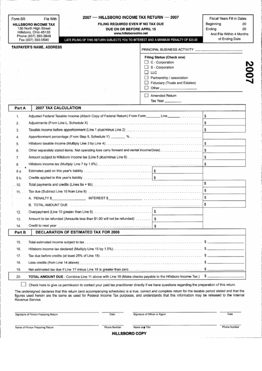 Form Br - Hillsboro Income Tax Return - 2007 Printable pdf