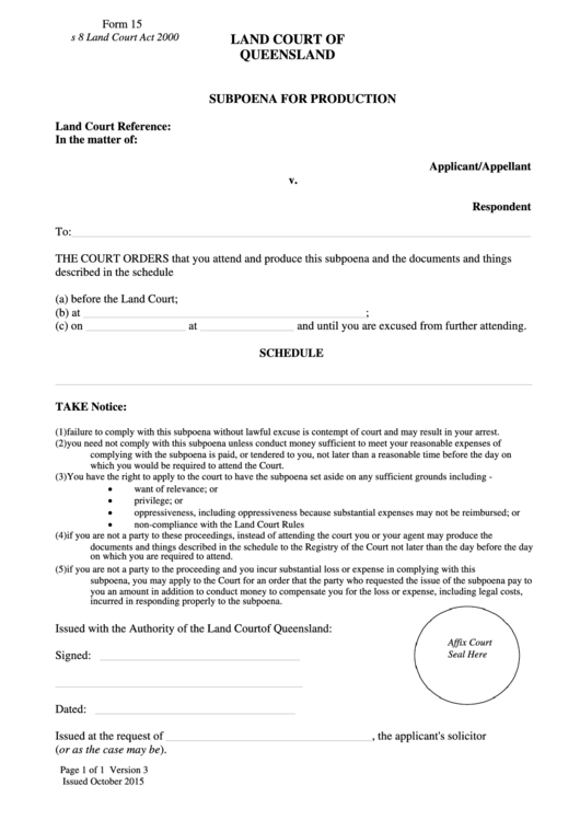 Form 15 - Subpoena For Production - Land Court Printable pdf