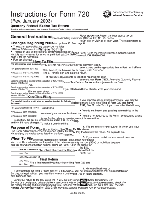 Instructions For Form 720 - Quarterly Federal Excise Tax Return - 2003 Printable pdf