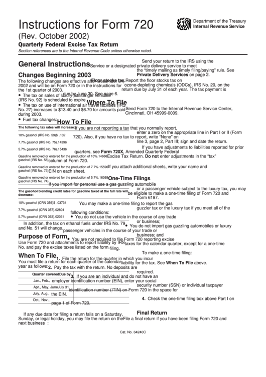 Instructions For Form 720 - Quarterly Federal Excise Tax Return - 2002 Printable pdf