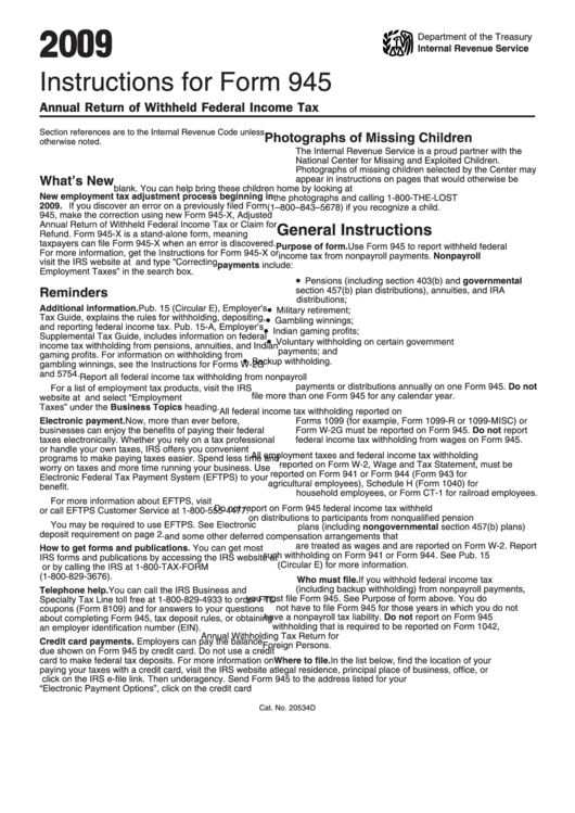 Instructions For Form 945 - Annual Return Of Withheld Federal Income Tax - 2009 Printable pdf