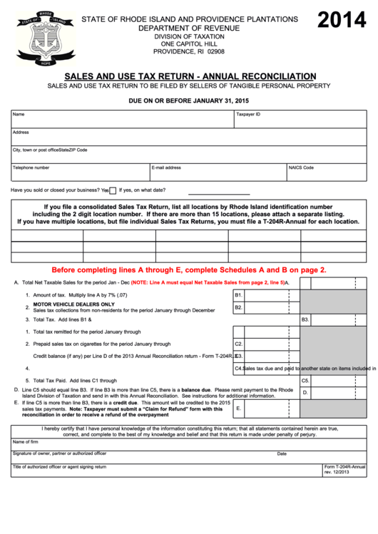 Form T-204r-Annual - Sales And Use Tax Return - Annual Reconciliation - 2014 Printable pdf