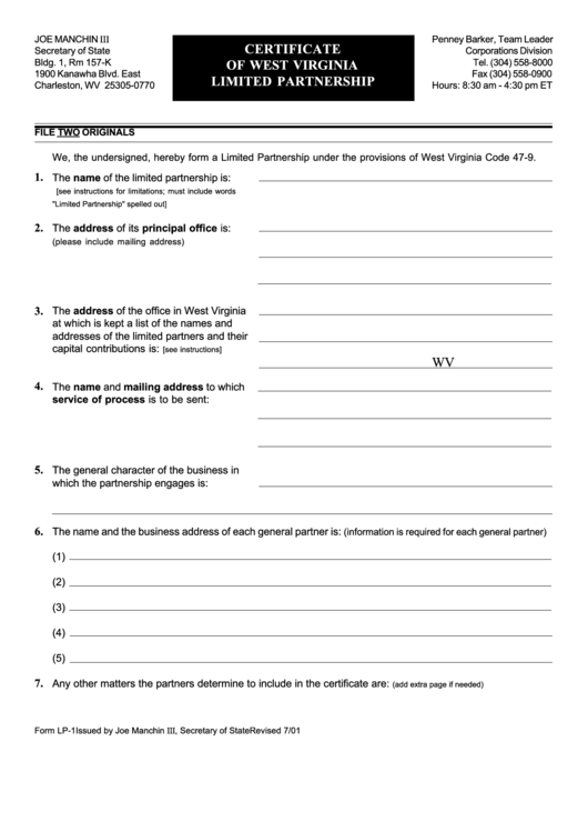 Fillable Form Lp-1 - Certificate Of West Virginia Limited Partnership - 2001 Printable pdf