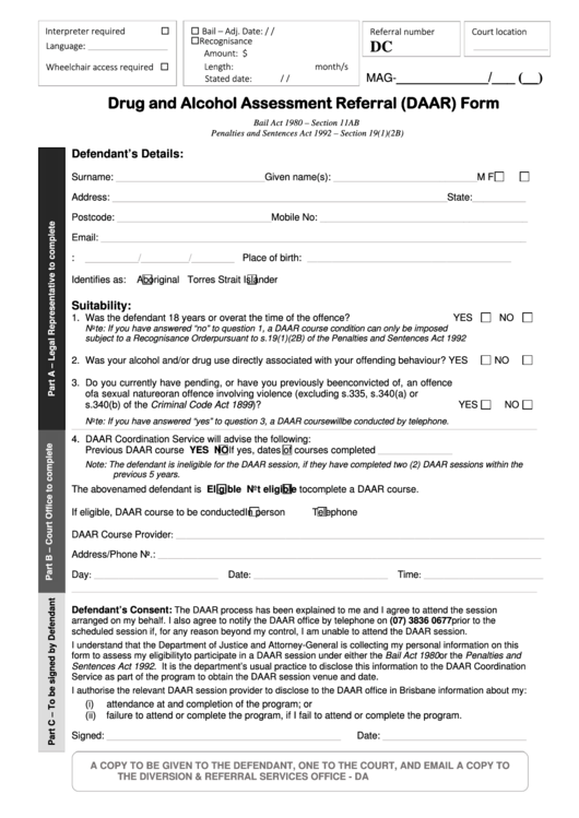 Fillable Drug And Alcohol Assessment Referral (Daar) Form Printable pdf