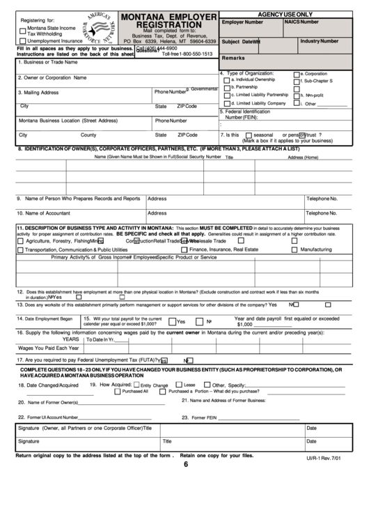 Form Ui/r-1 - Montana Employer Registration Form - 2001 Printable pdf