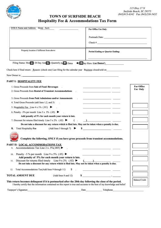 Hospitality Fee & Accommodations Tax Form Printable pdf