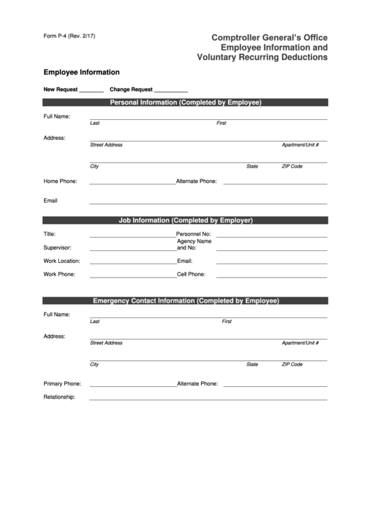 Form P-4 - Employee Information And Voluntary Recurring Deductions - Comptroller General's Office