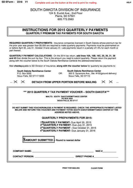 Sd Form 2318 - 2015 Quarterly Tax Payment Voucher - South Dakota Printable pdf