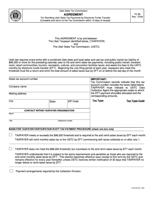 Fillable Form Tc-85 - Agreement For Remitting Utah State Tax Payments By Electronic Funds Transfer - Utah State Tax Commission Printable pdf