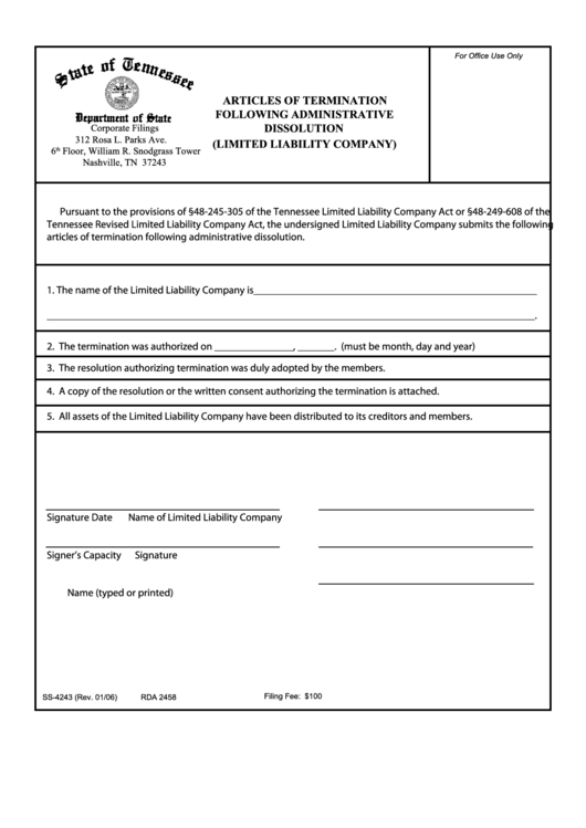 Form Ss-4243 - Articles Of Termination Following Administrative Dissolution - Limited Liability Company - 2006 Printable pdf