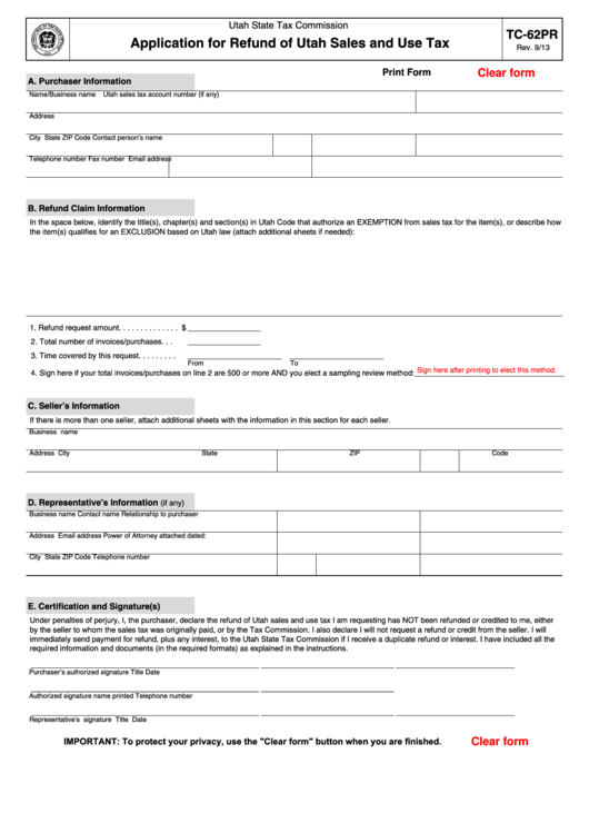 Fillable Form Tc-62pr - Application For Refund Of Utah Sales And Use Tax - 2013 Printable pdf