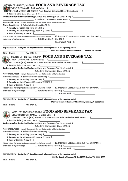 Food And Beverage Tax Form - 2014 Printable pdf