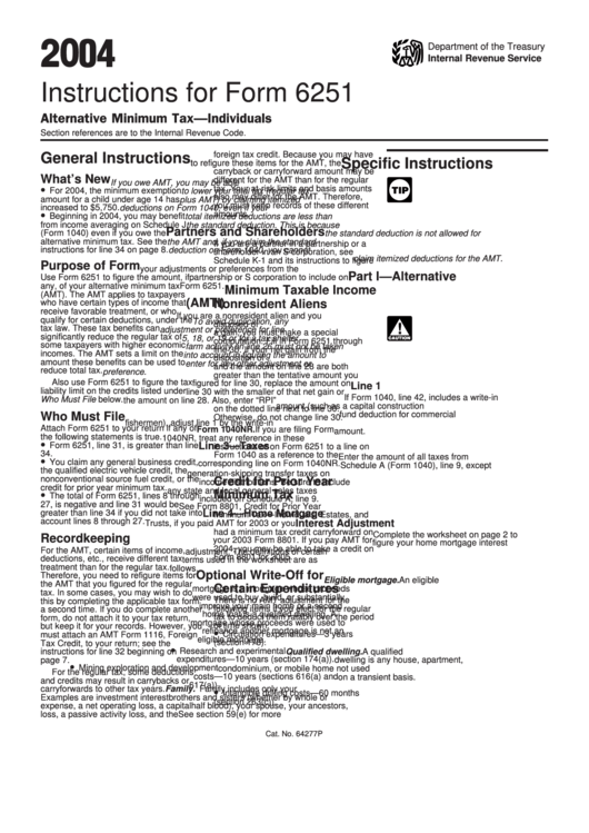 Instructions For Form 6251 Alternative Minimum Tax-Individuals - 2004 Printable pdf