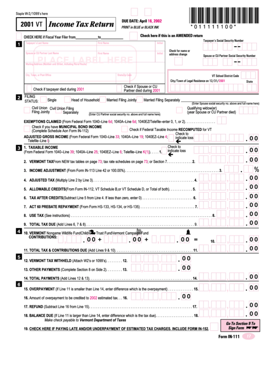 Form In-111 - Vt Income Tax Return - 2001 Printable pdf