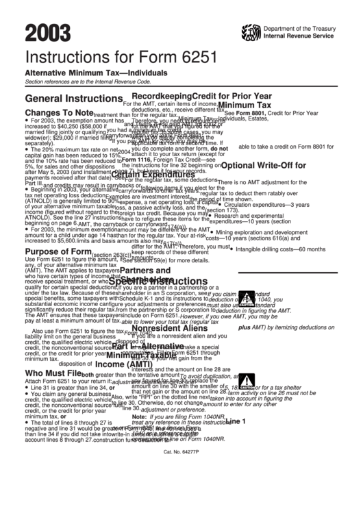 Instructions For Form 6251 - Alternative Minimum Tax-Individuals - 2003 Printable pdf