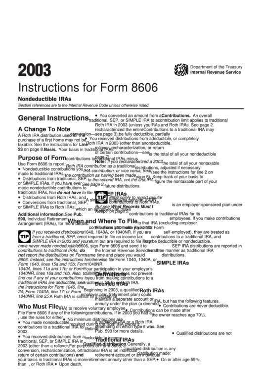 Instructions For Form 8606 - Nondeductible Iras - 2003 Printable pdf