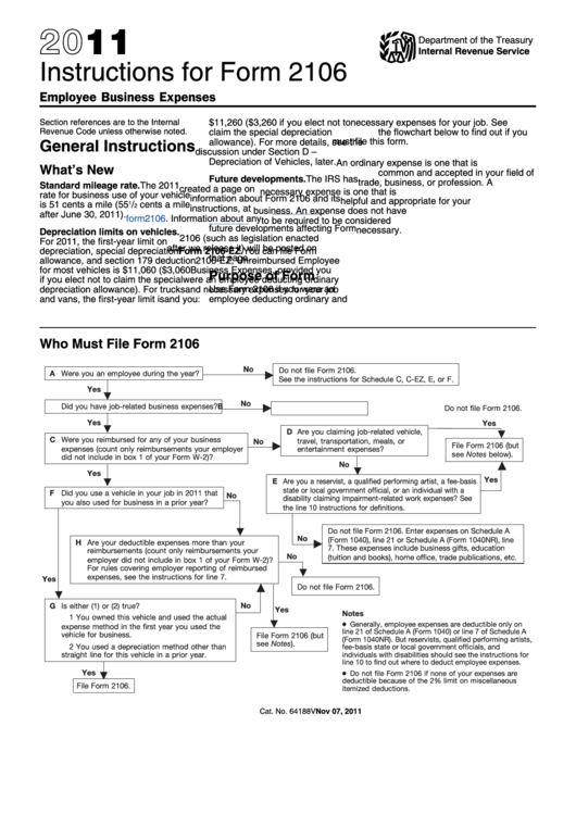 Instructions For Form 2106 - Employee Business Expenses - 2011 Printable pdf