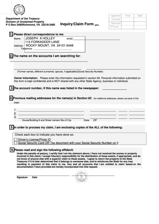 Inquiry/claim Form - Virginia Department Of The Treasury Printable pdf