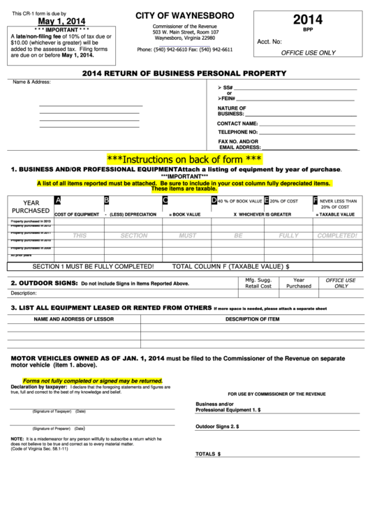 Form Cr-1 - Return Of Business Personal Property - Waynesboro Commissioner Of The Revenue - 2014 Printable pdf