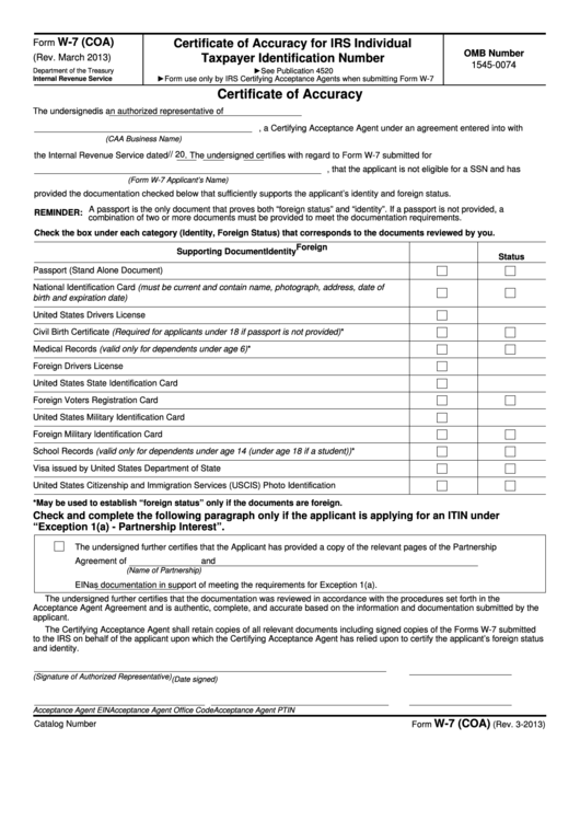 Fillable Form W-7 (Coa) - Certificate Of Accuracy For Irs Individual Taxpayer Identification Number - 2013 Printable pdf