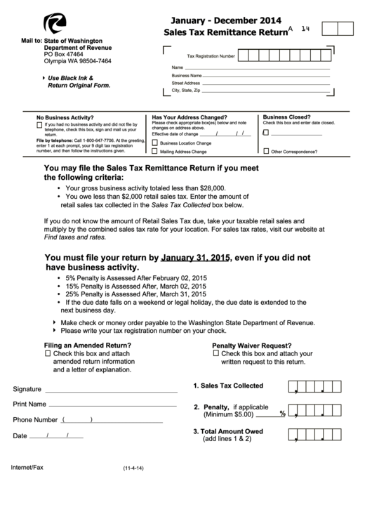 Sales Tax Remittance Return Form - State Of Washington Department Of Revenue - 2014 Printable pdf