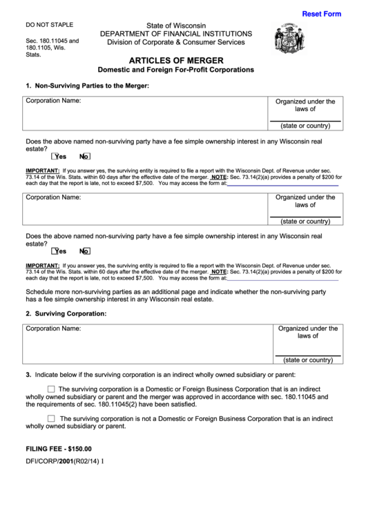 Fillable Articles Of Merger Form - Domestic And Foreign For-Profit Corporations - 2014 Printable pdf