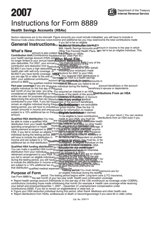 Instructions For Form 8889 - Health Savings Accounts Hsas - 2007 Printable pdf