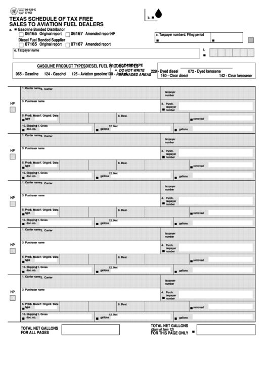 Fillable Form 06-129-C - Texas Schedule Of Tax Free Sales To Aviation Fuel Dealers - 2000 Printable pdf