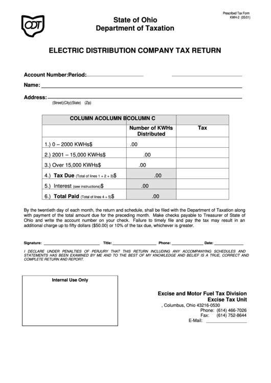 Form Kwh-2 - Electric Distribution Company Tax Return - 2001 Printable pdf
