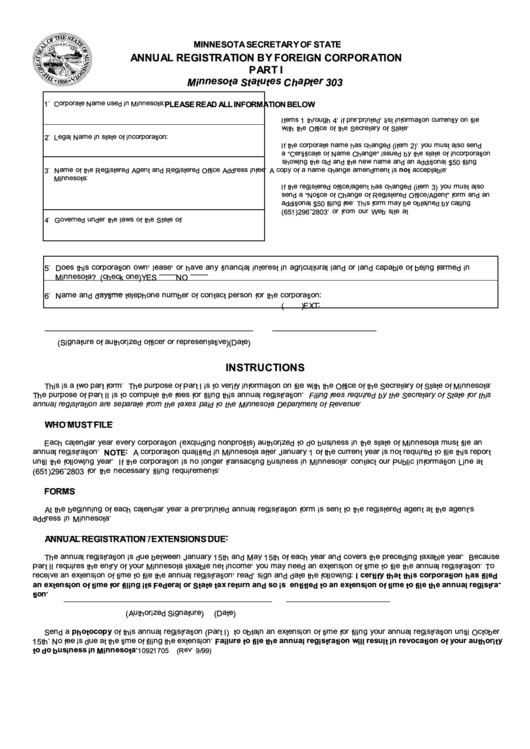 Annual Registration By Foreign Corporation Form - Minnesota Secretary Of State - 1999 Printable pdf