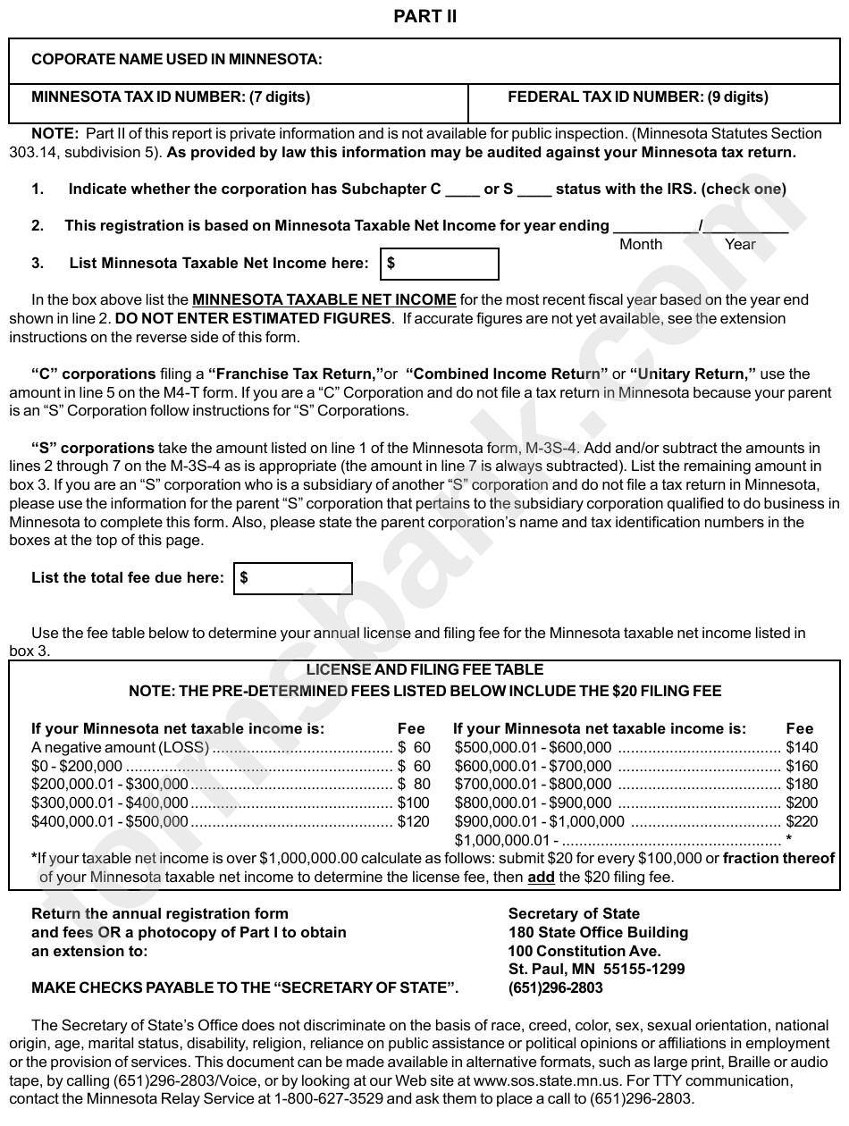 Annual Registration By Foreign Corporation Form - Minnesota Secretary Of State - 1999