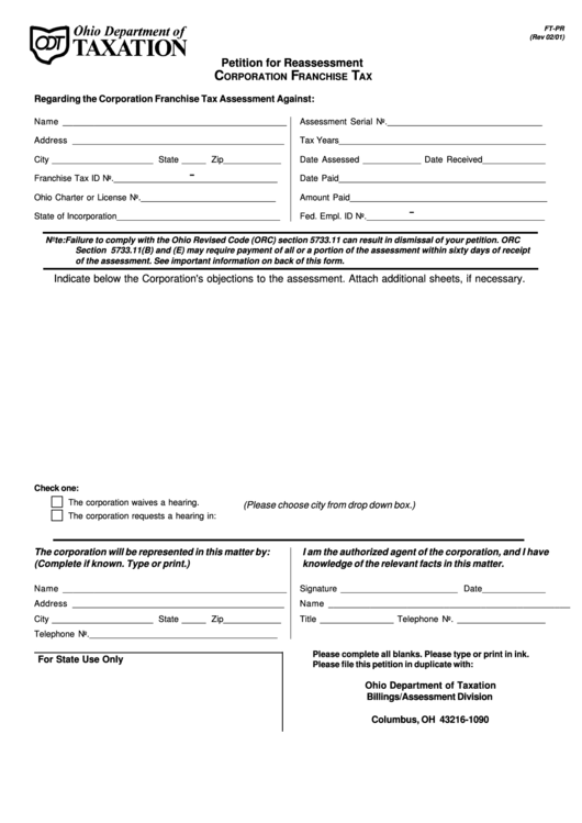 Fillable Form Ft-Pr - Petition For Reassessment - Corporation Franchise Tax - 2001 Printable pdf