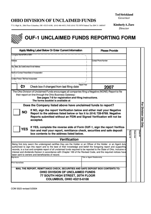 Form Com 5523 - Unclaimed Funds Reporting Form - Ohio Division Of Unclaimed Funds - 2007 ...