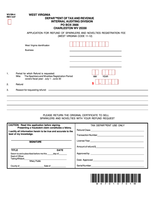 Form Sn-4 - Application For Refund Of Sparklers And Novelties Registration Fee - 2007 Printable pdf
