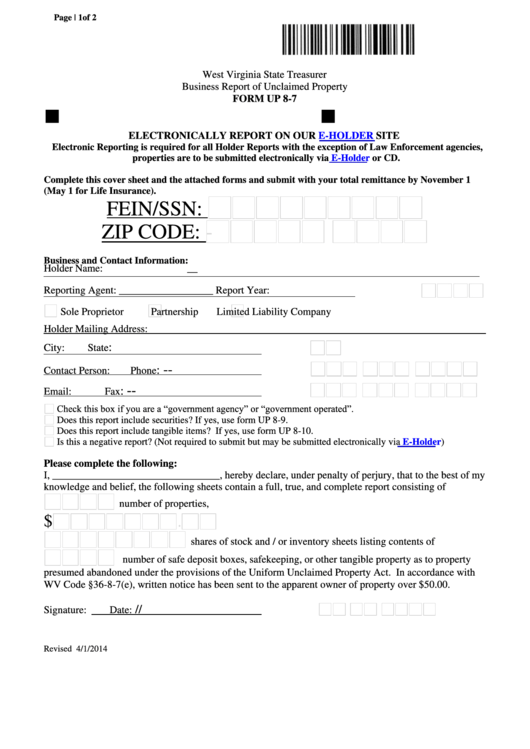 Fillable Form Up 8-7 - Business Report Of Unclaimed Property - 2014 Printable pdf