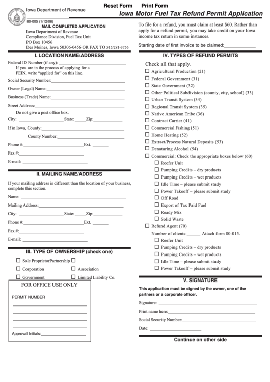 Fillable Form 80-005 - Iowa Motor Fuel Tax Refund Permit Application Form - 2005 Printable pdf