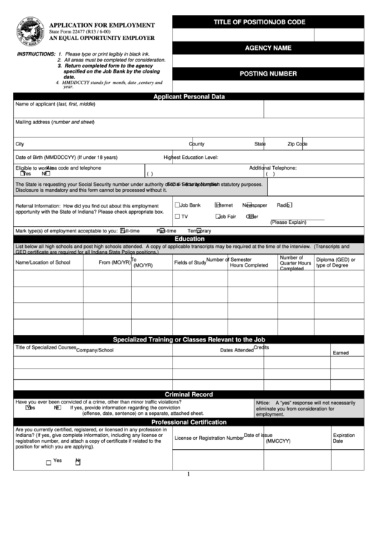 Fillable State Form 22477 - Application For Employment - An Equal Opportunity Employer - 2000 Printable pdf