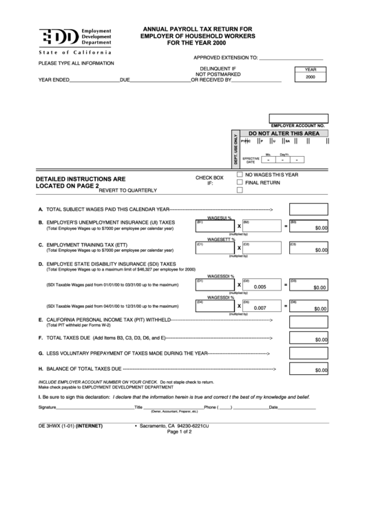 Fillable Form De 3hwx - Annual Payroll Tax Return For Employer Of Household Workers For The Year 2000 Printable pdf