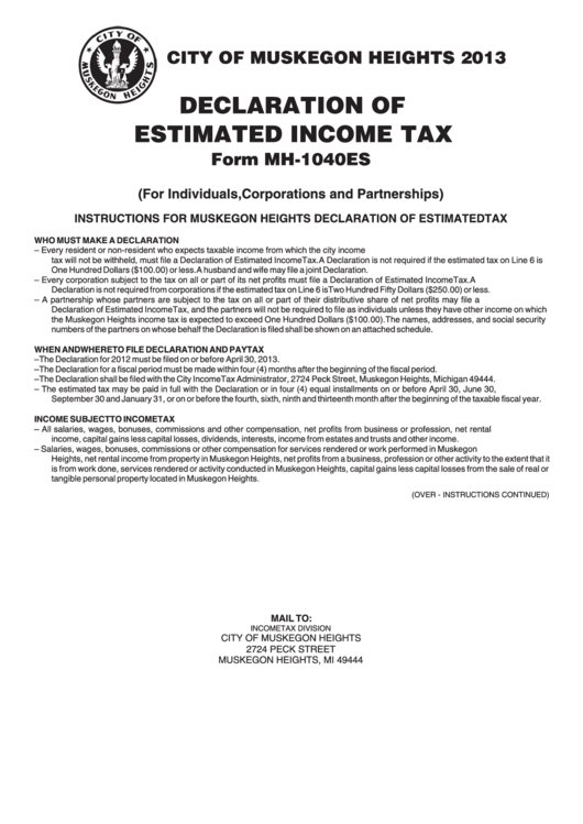 Form Mh-1040es - Declaration Of Estimated Tax - 2013 Printable pdf
