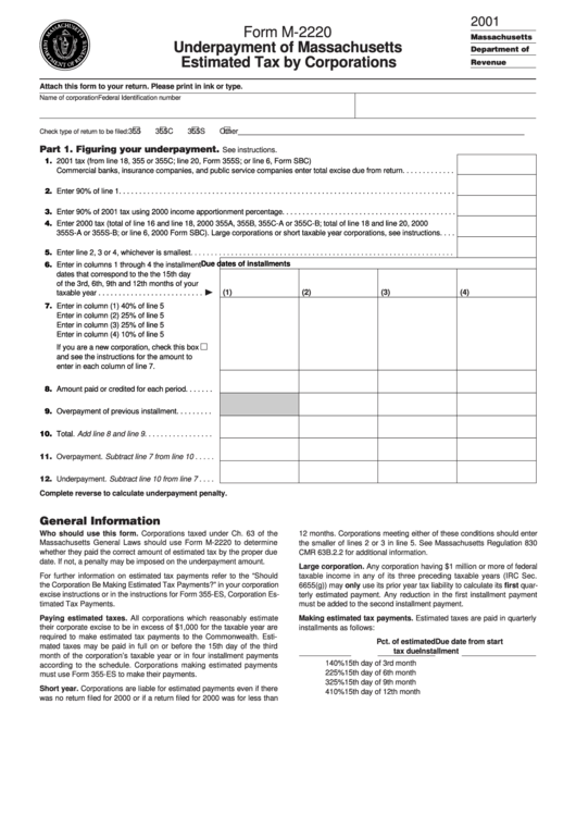 Form M-2220 - Underpayment Of Massachusetts Estimated Tax By Corporations - 2001 Printable pdf
