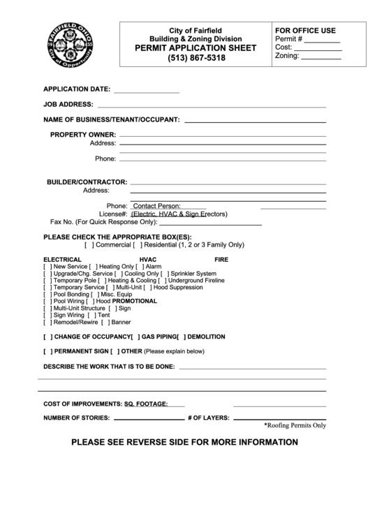 Fillable Permit Application Sheet - City Of Fairfield, Ohio Building & Zoning Division Printable pdf