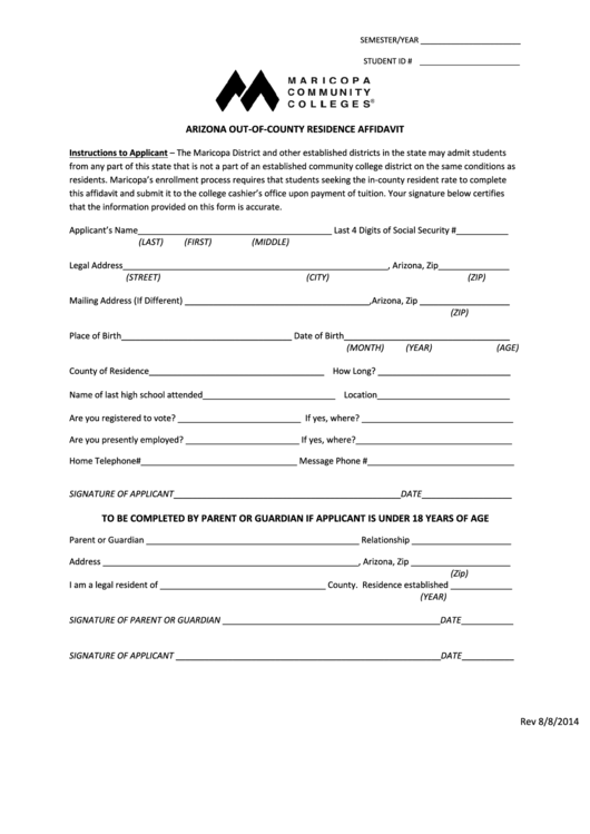 Fillable Arizona Out-Of-County Residence Affidavit Form Printable pdf