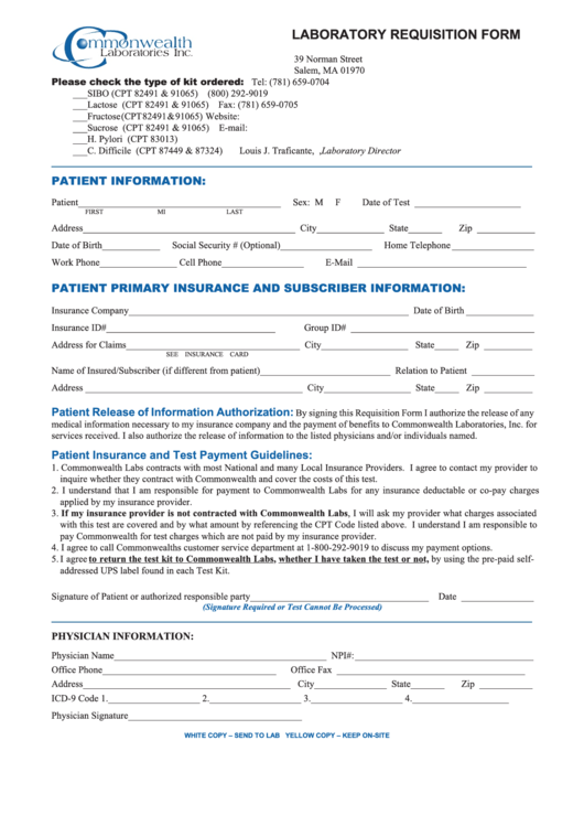 Laboratory Requisition Form printable pdf download