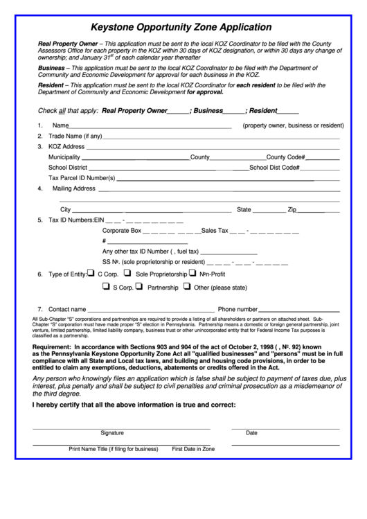 Keystone Opportunity Zone Application Form Printable pdf